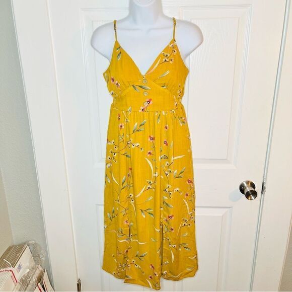 One Clothing Los Angeles Button Front Smocked Floral Midi Dress Mustard Yellow S - Picture 7 of 11